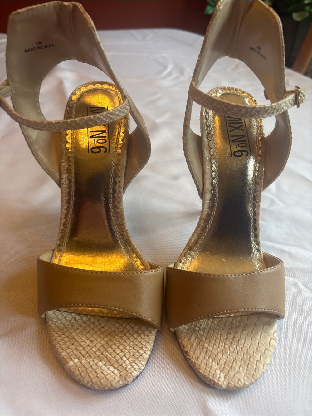 Mix No. 6 Tan and Gold Ankle-Strap Heeled Sandals
